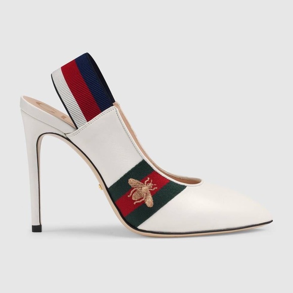 Gucci Shoes - NIB Gucci White Leather Bee Embroidered Slingback Web Pumps 37EU/7US